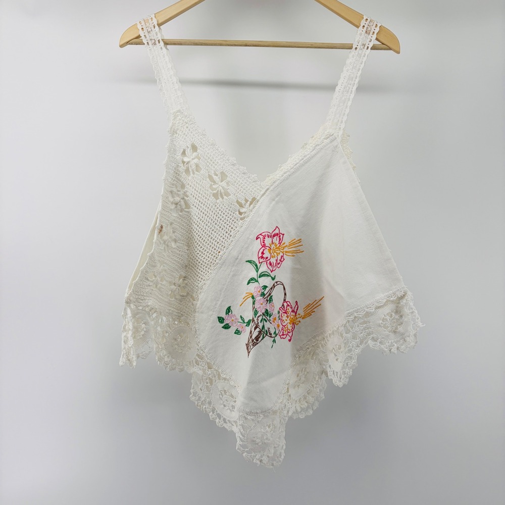 Handmade Crochet Lace Handkerchief Top White Floral Embroidered Boho Camisole OS